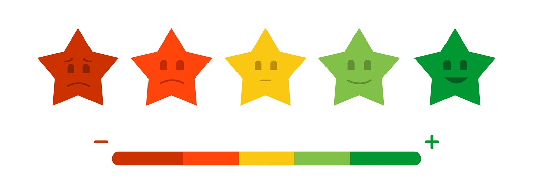 5 Review stars in different colors from red to green